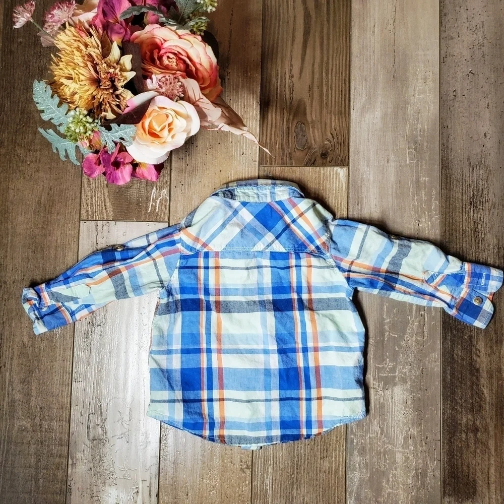 Old Navy Boys 12-18m Plaid Button Down Shirt Blue Orange EUC